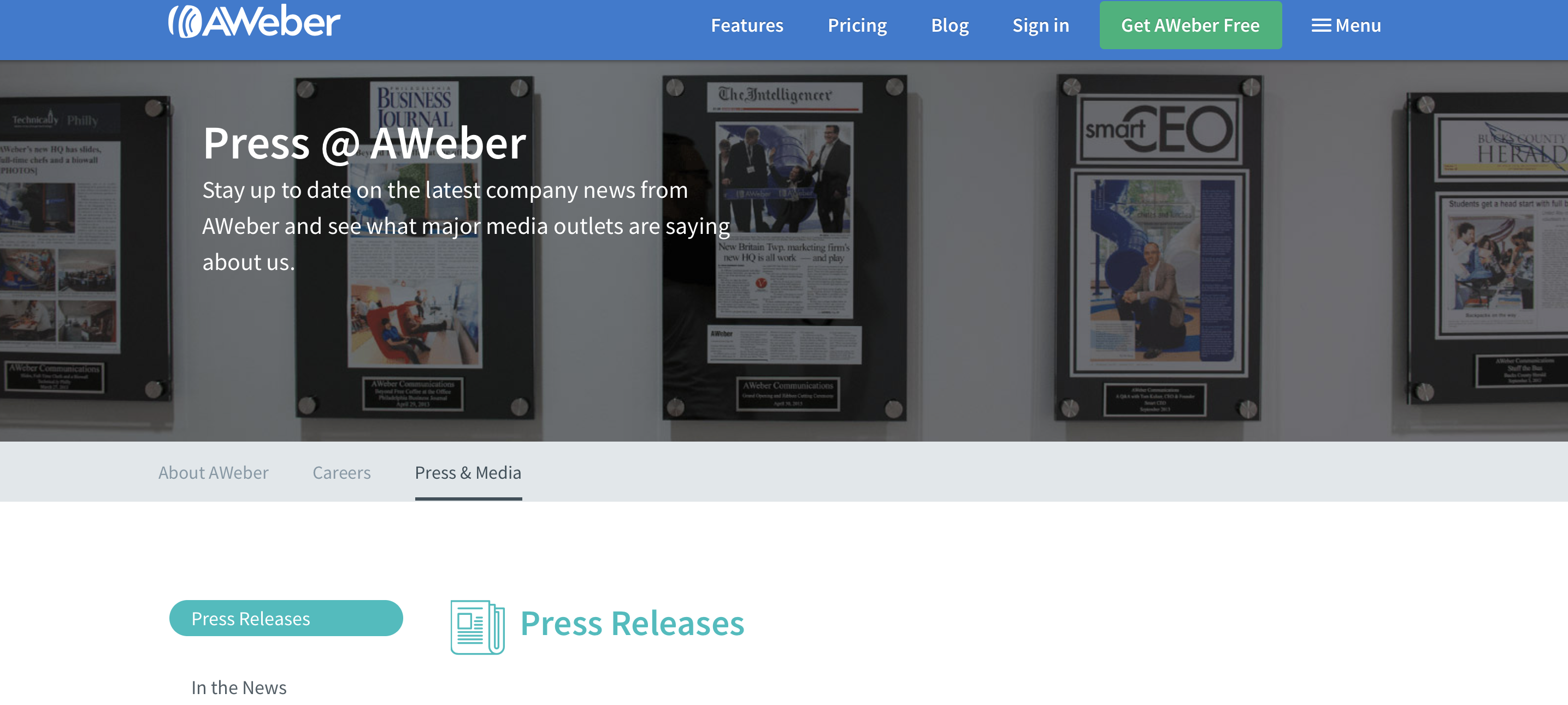 AWeber Press Release page hero section screenshot