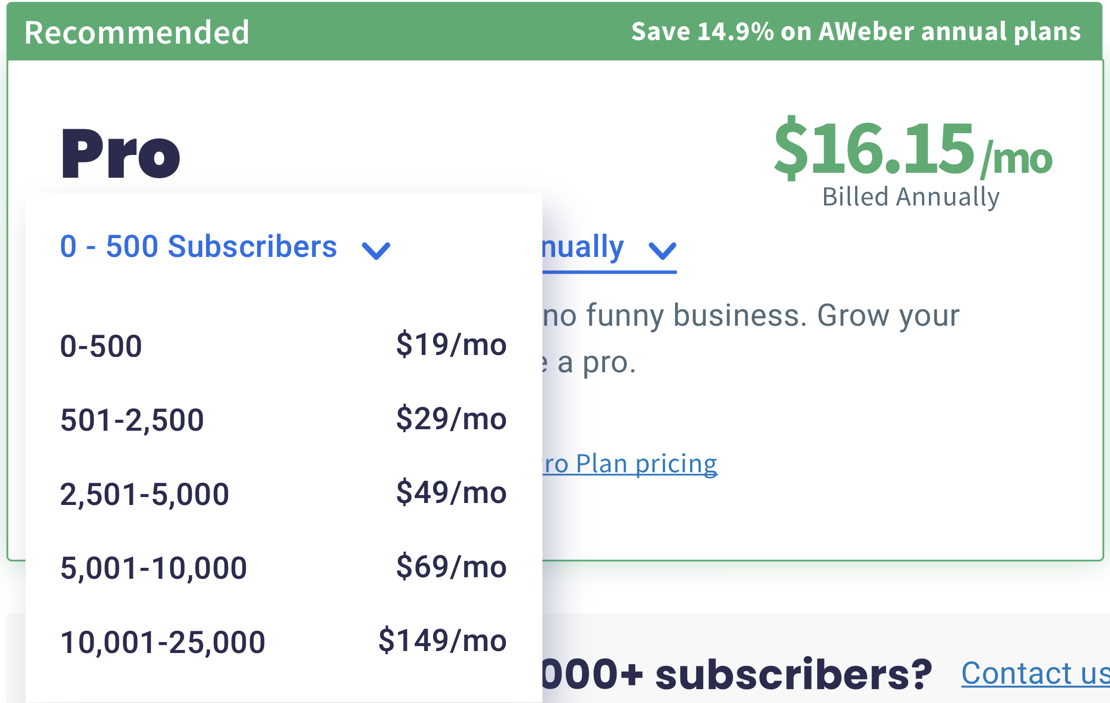 AWeber pricing page drop down screenshot