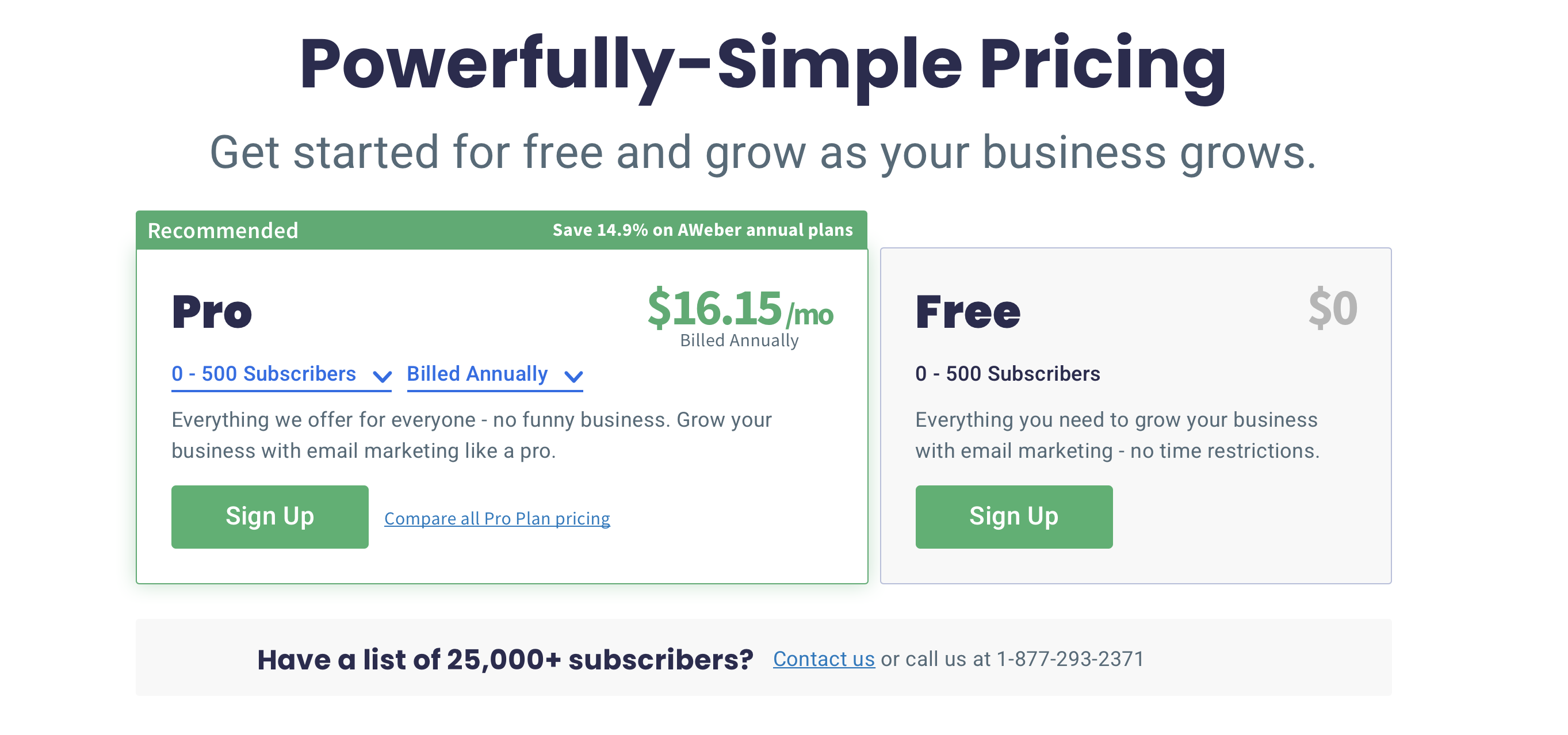 AWeber pricing page screenshot