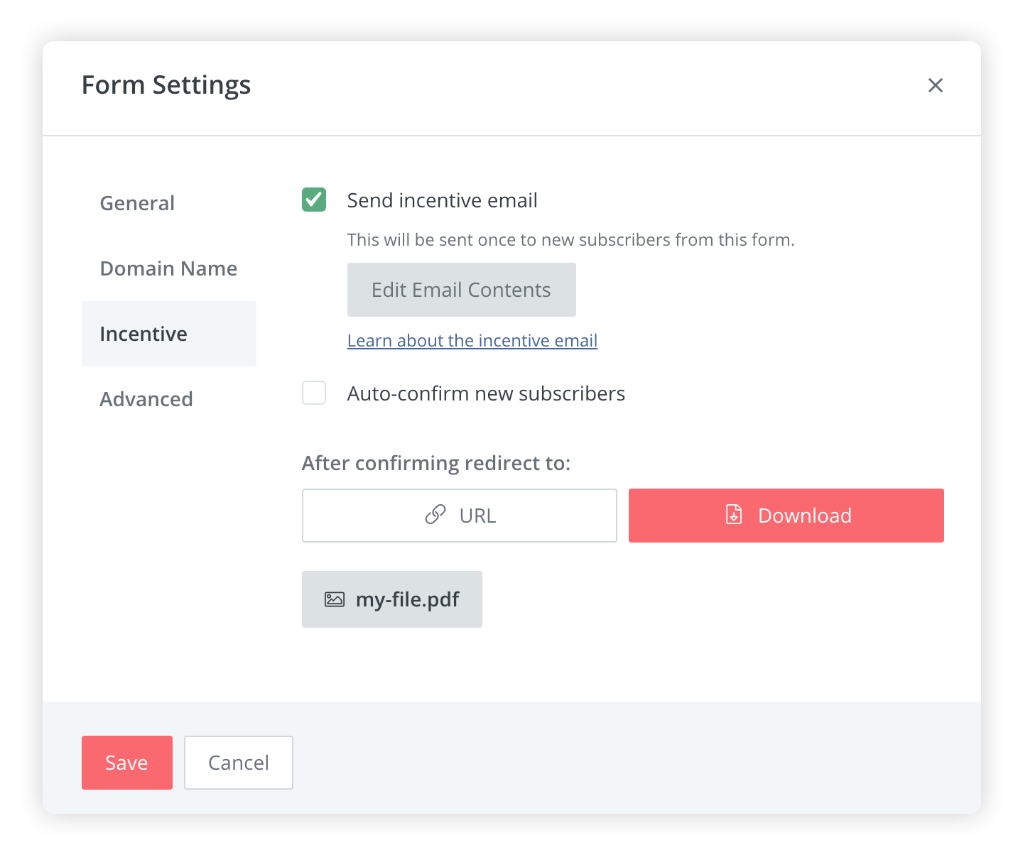 ConvertKit form incentive settings Screenshot