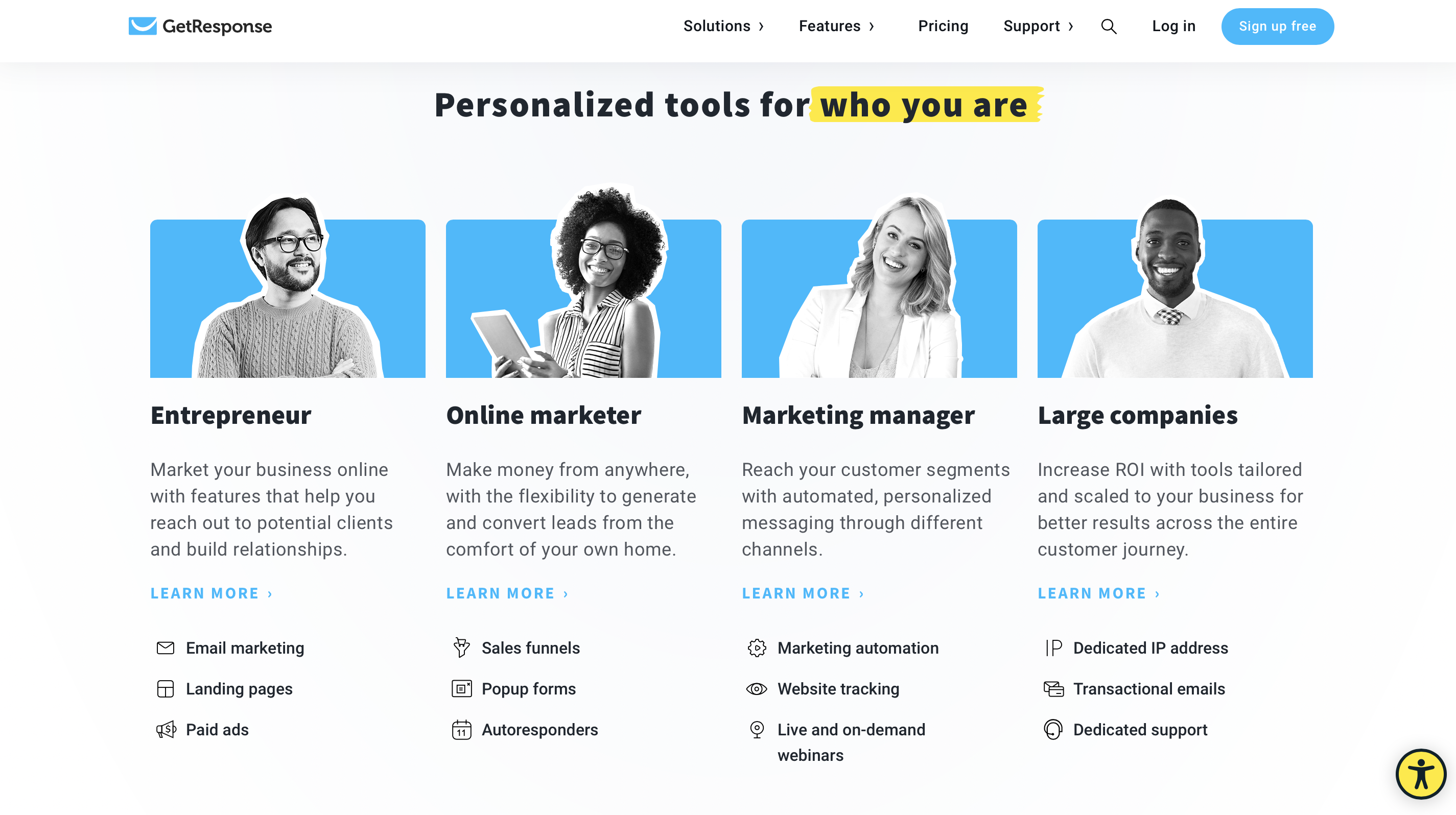GetResponse Homepage Personalized tools for you section