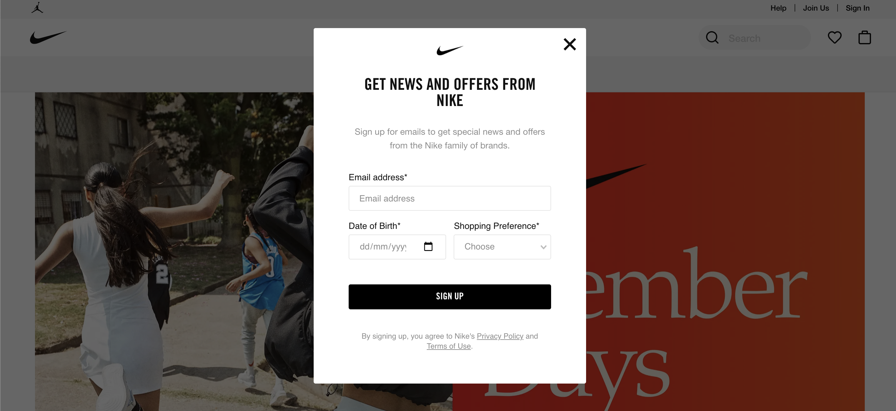 Nike pop up opt in email sign up form